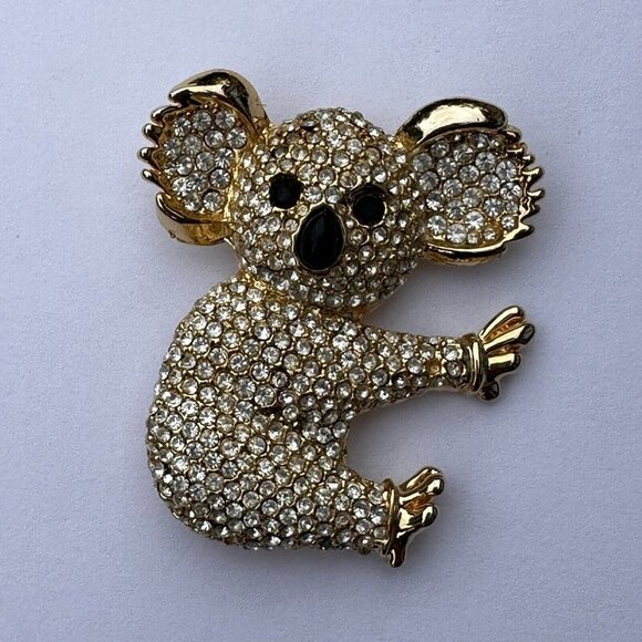 Vintage Koala Bear‎ Pin Brooch Textured Clear Rhinestones Gold Tone Metal 2" - Picture 1 of 5